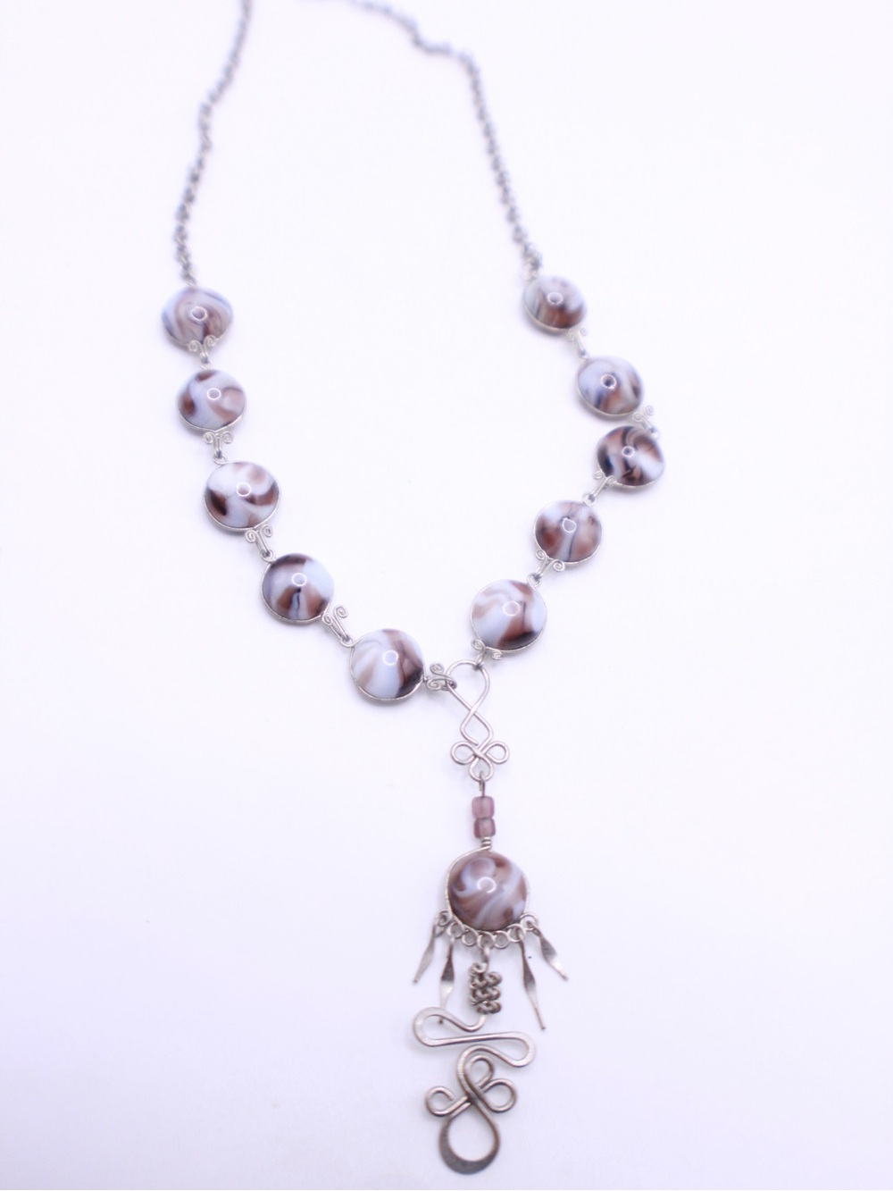 Handcrafted Alpaca Brown and White Swirl Beaded Pendant Necklace